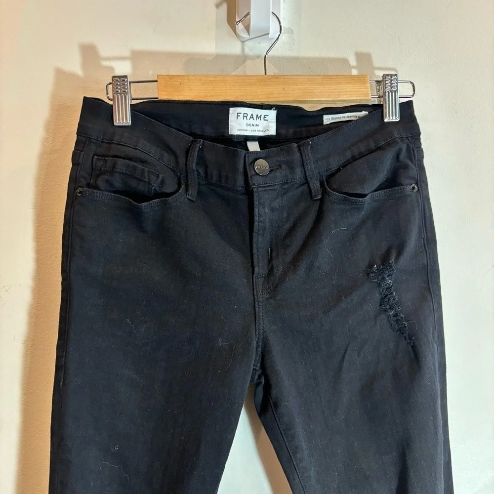 FRAME Sz 28 Le Skinny De Jeanne Crop Busted Knee Raw Hem  Jeans Black - Picture 3 of 11